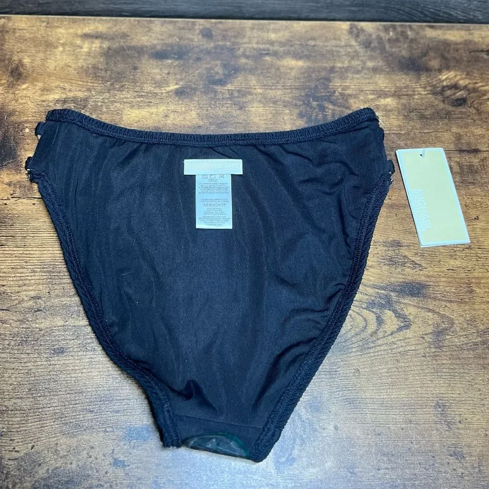 Michael Kors High-Leg Bikini Bottoms in Black with Ring Gold Chain Accents. NWT!